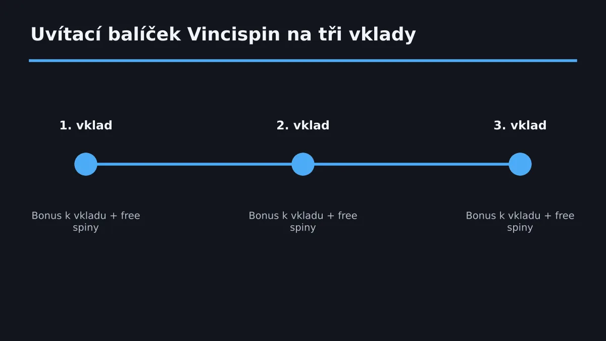 Každý ze tří prvních vkladů přináší bonus k vkladu a free spiny, hodnoty určují bonusové podmínky.